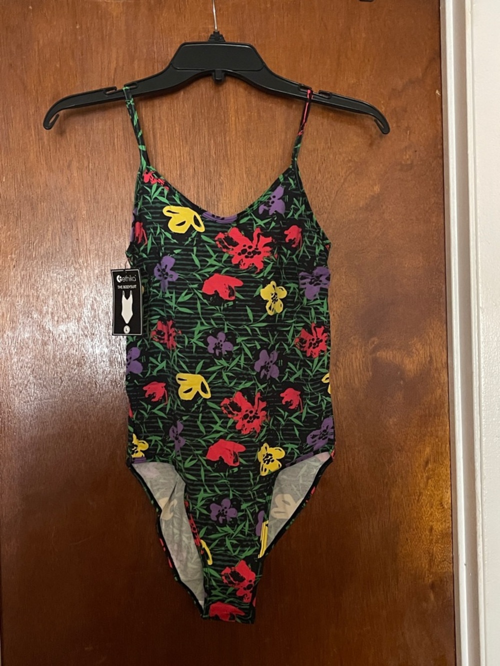 Ethika Floral Print Bodysuit - Black with Green, Purple & Red Accents
